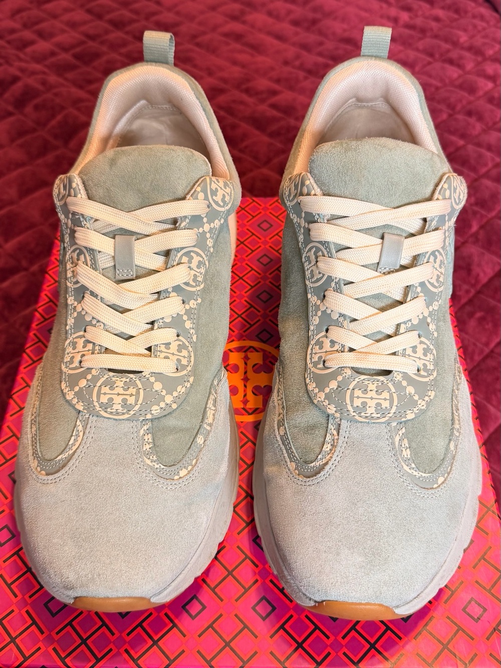 Tory Burch Mint Suede Logo-Trim Low-Top Sneakers size 13